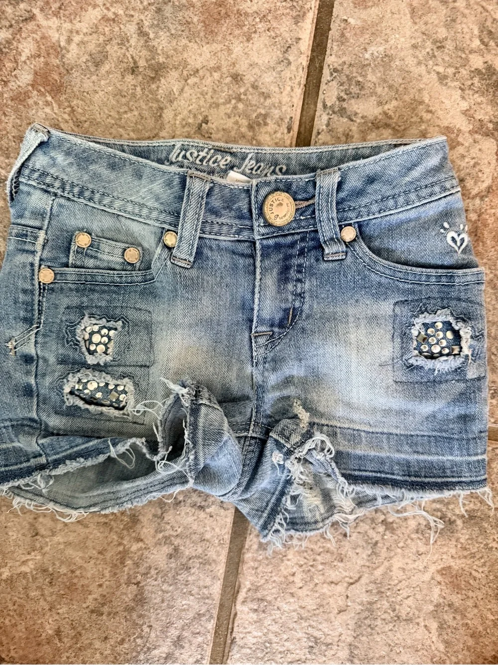 Justice Light Blue Distressed Denim Shorts with Stud Detail